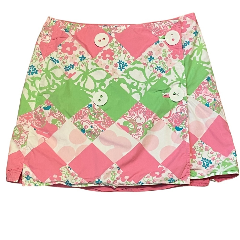 Button front mini‎ skirt, pink/green/white, size small